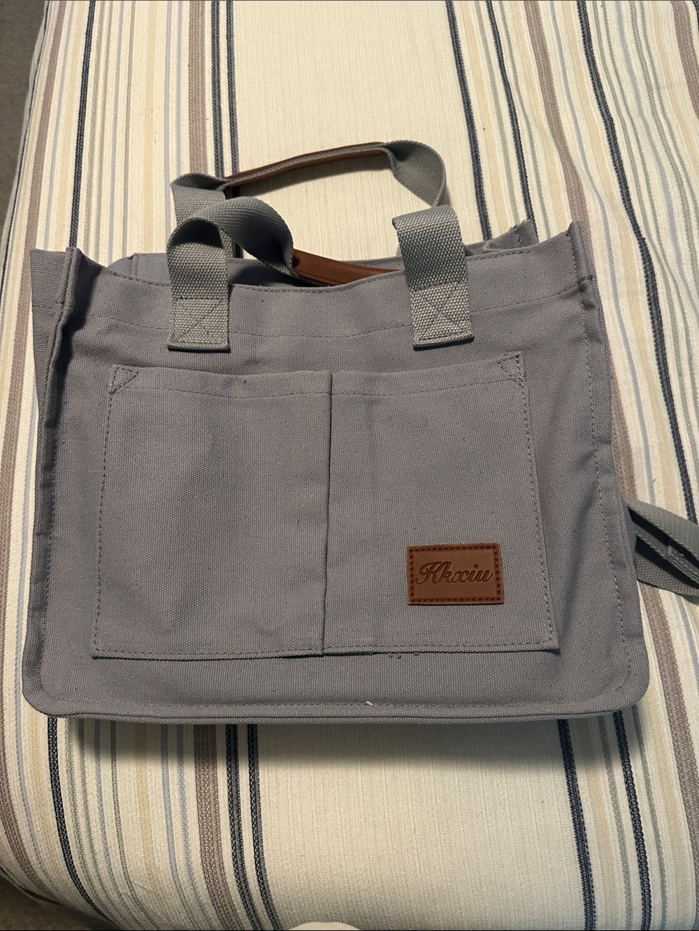 Gray Canvas Tote Bag with Front Pockets - Unbranded